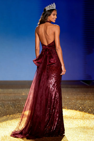 Burgundy Mermaid Halter Pageant Dress With Sequins
